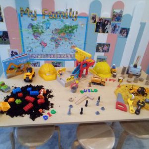 Construction-themed activity table featuring toy trucks, tools, building blocks, hard hats, and sensory materials like soil and sand, set in front of a 'My Family' world map display.